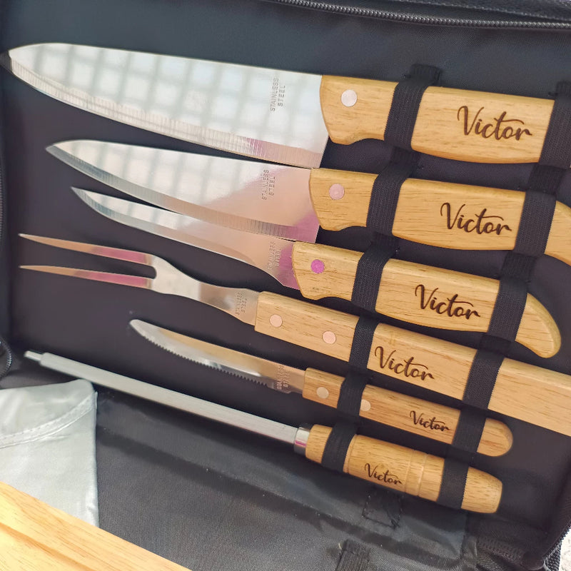 🎁 Kit Churrasco Premium 8 Peças Personalizado | Facas Inox Cabo Bambu + Tábua + Maleta | Presente Elegante