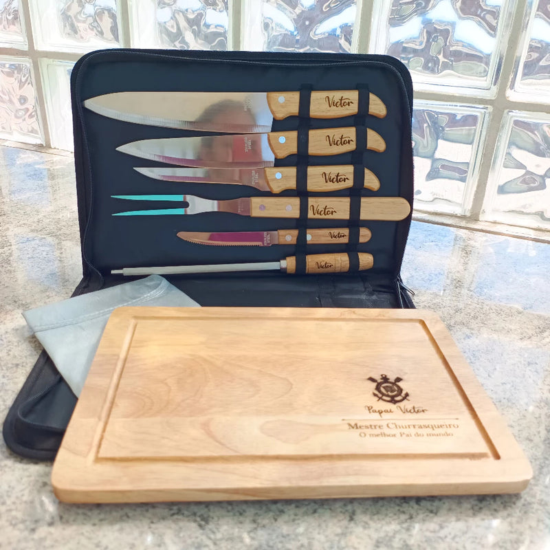 🎁 Kit Churrasco Premium 8 Peças Personalizado | Facas Inox Cabo Bambu + Tábua + Maleta | Presente Elegante