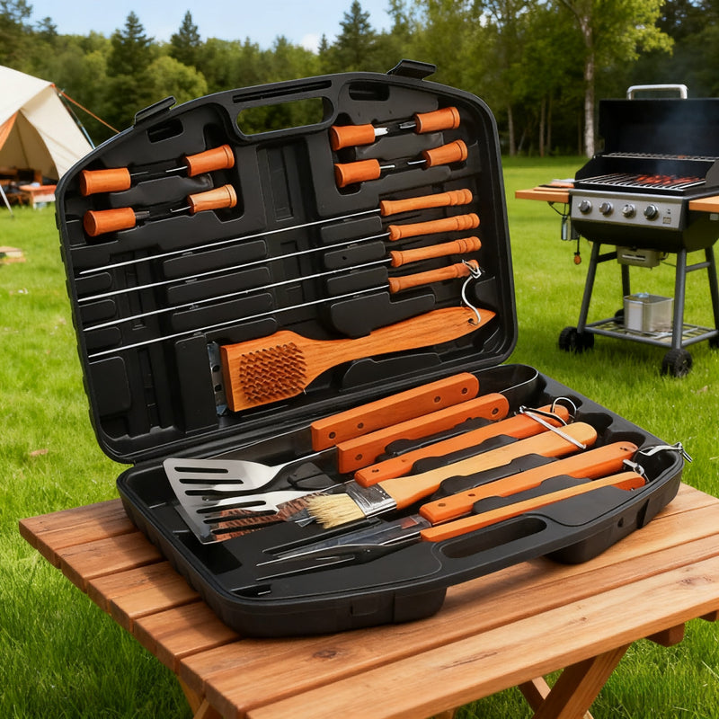Kit Premium Churrasco 18 Peças em Aço Inoxidável com Estojo de Madeira – Elegância e Potência para Verdadeiros Mestres do Churras!