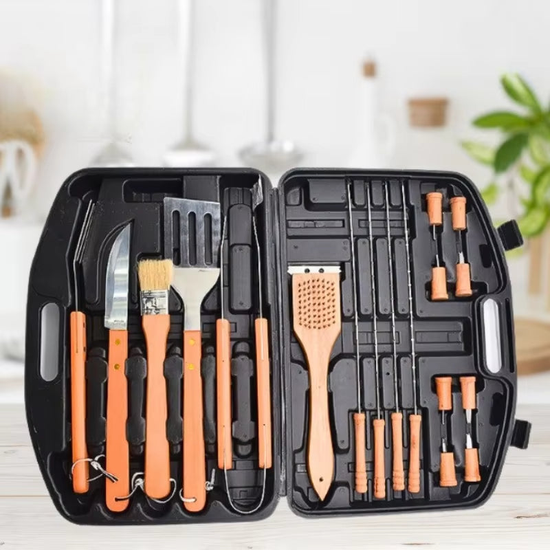 Kit Premium Churrasco 18 Peças em Aço Inoxidável com Estojo de Madeira – Elegância e Potência para Verdadeiros Mestres do Churras!