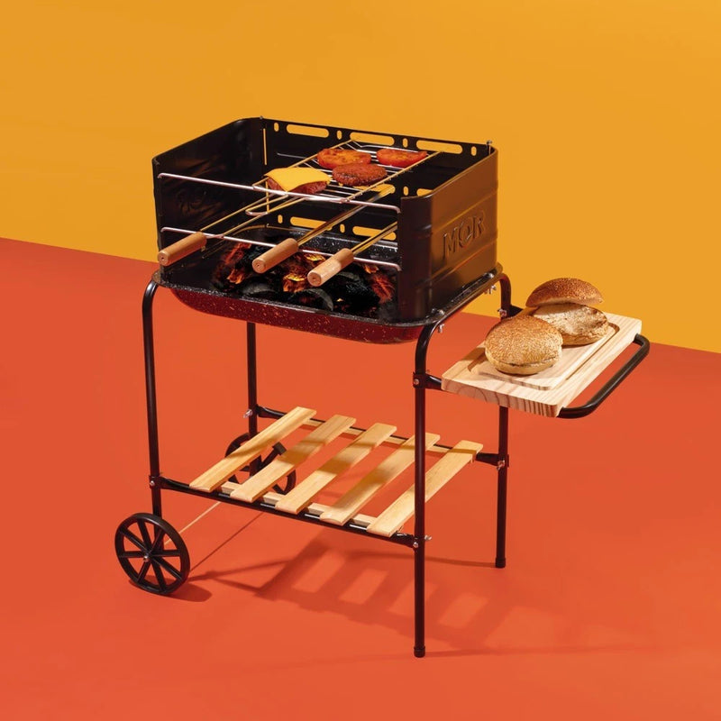 🔥 Churrasqueira Califórnia a Carvão Mor | Portátil com Rodinhas + Grelha + Espetos + Tábua