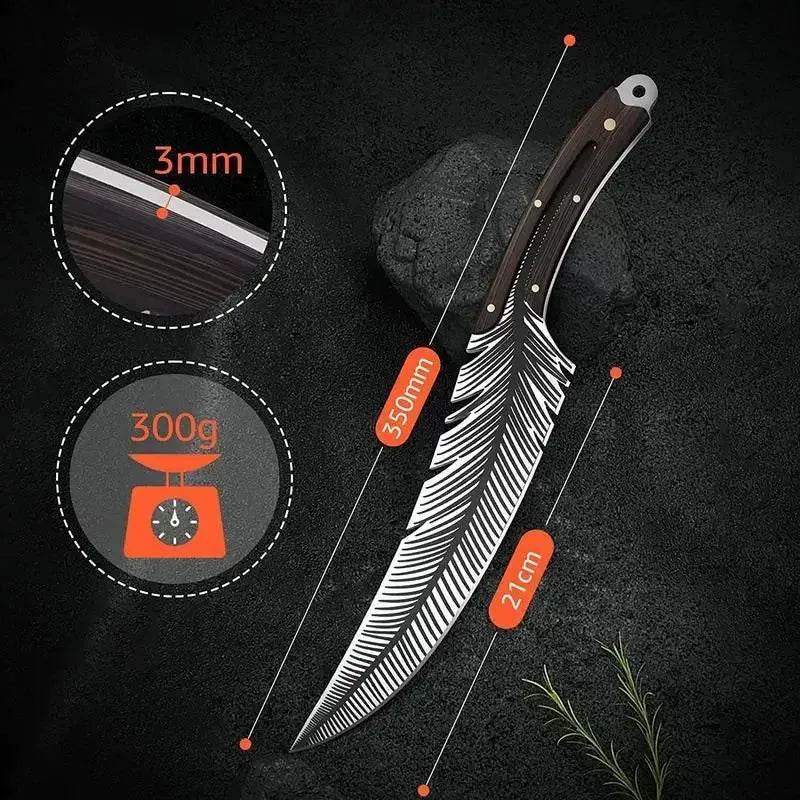 🔪 Faca Artesanal Picanheira Inox – Formato Pena (Feather) com Bainha de Couro
