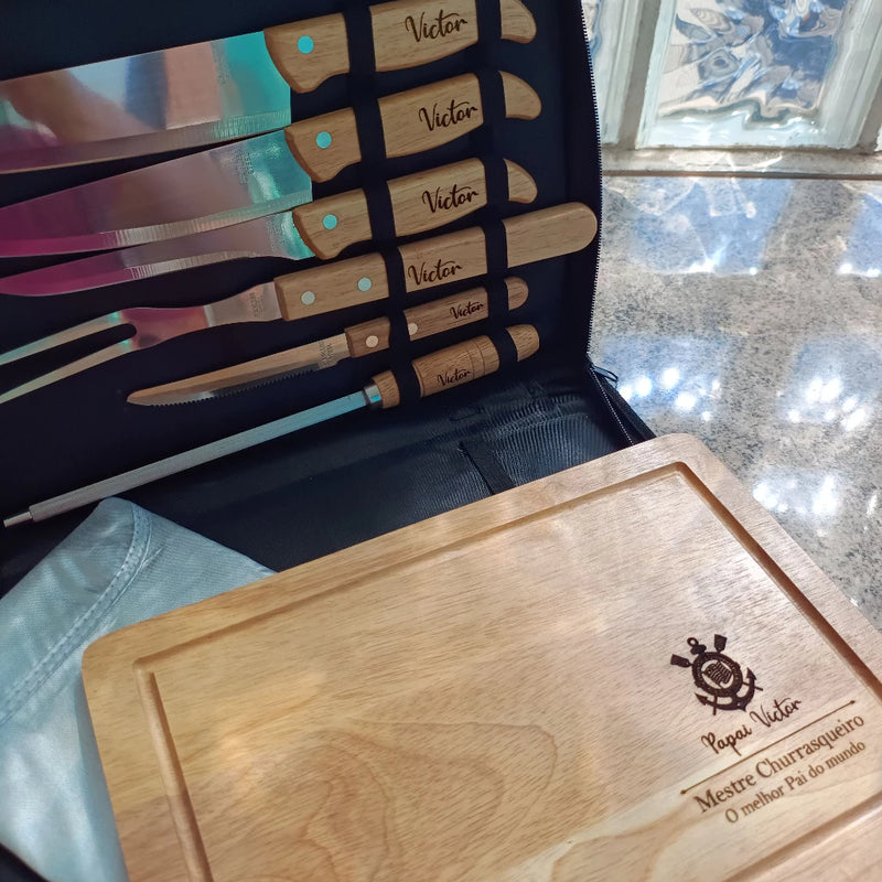🎁 Kit Churrasco Premium 8 Peças Personalizado | Facas Inox Cabo Bambu + Tábua + Maleta | Presente Elegante