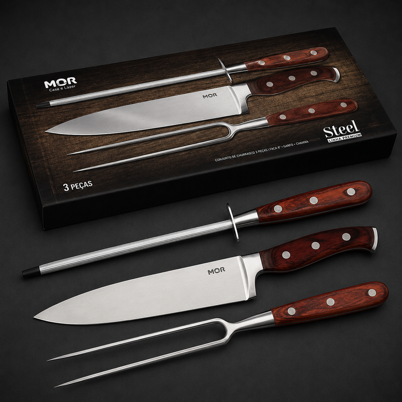 Kit Churrasco Premium Dia dos Pais – Faca, Garfo e Chaira em Aço Inoxidável com Cabo Steel