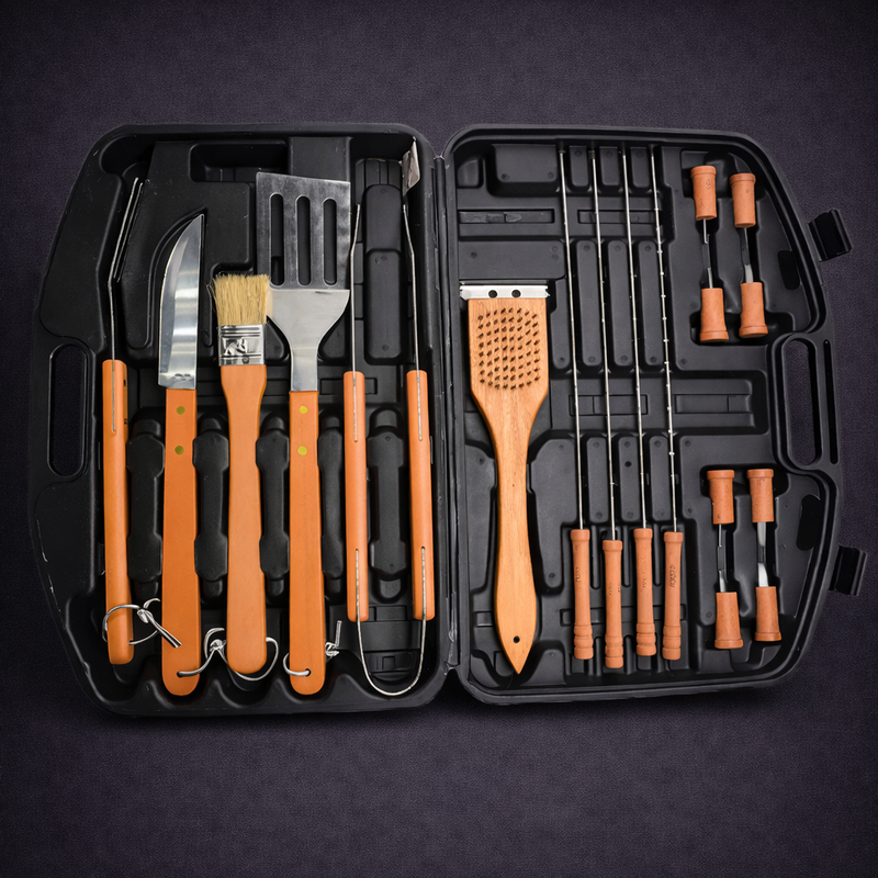 Kit Premium Churrasco 18 Peças em Aço Inoxidável com Estojo de Madeira – Elegância e Potência para Verdadeiros Mestres do Churras!