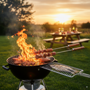 Churrasco Premium: Grelha Dupla + 4 Espetos de Madeira – Perfeito para Carnes, Peixes e Frangos