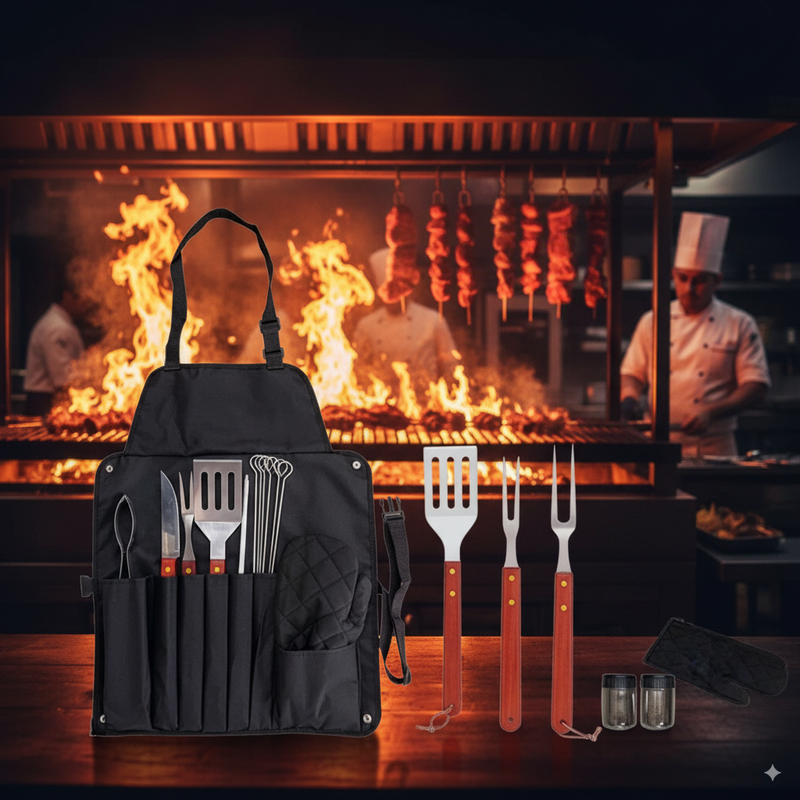 Kit Churrasqueiro Profissional 15 Peças com Avental e Luva Térmica – D.K.L