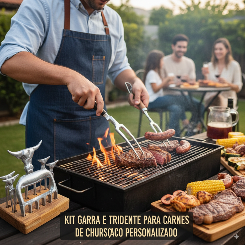 Kit Garra de Urso e Tridente para Carnes – Personalizado com Base em Madeira 🍖🔥