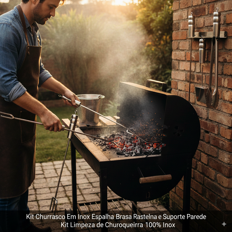 Kit de Limpeza para Churrasqueira 100% Inox – Pá, Rastelo, Espalha Brasa e Suporte de Parede 🔥🧹