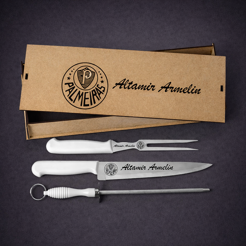 Kit Talher de Churrasco Profissional Personalizado a Laser – 3 Peças com Caixa MDF