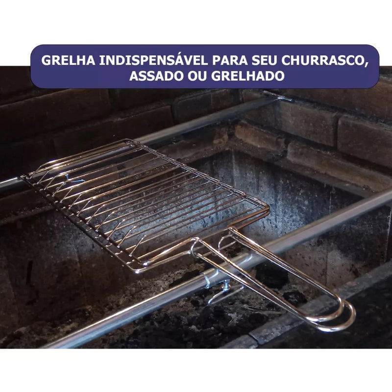 Churrasco Premium: Grelha Dupla + 4 Espetos de Madeira – Perfeito para Carnes, Peixes e Frangos