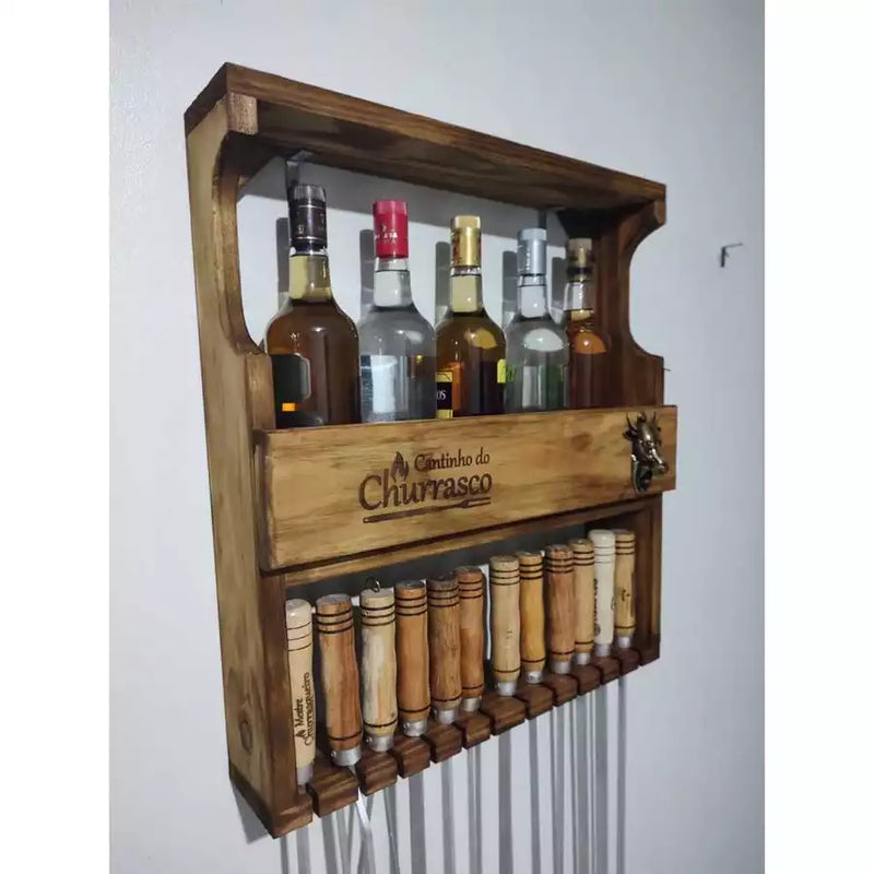 Porta-Espetos com Barzinho e Abridor – Personalizável | Cantinho do Churrasco 🍻🔥