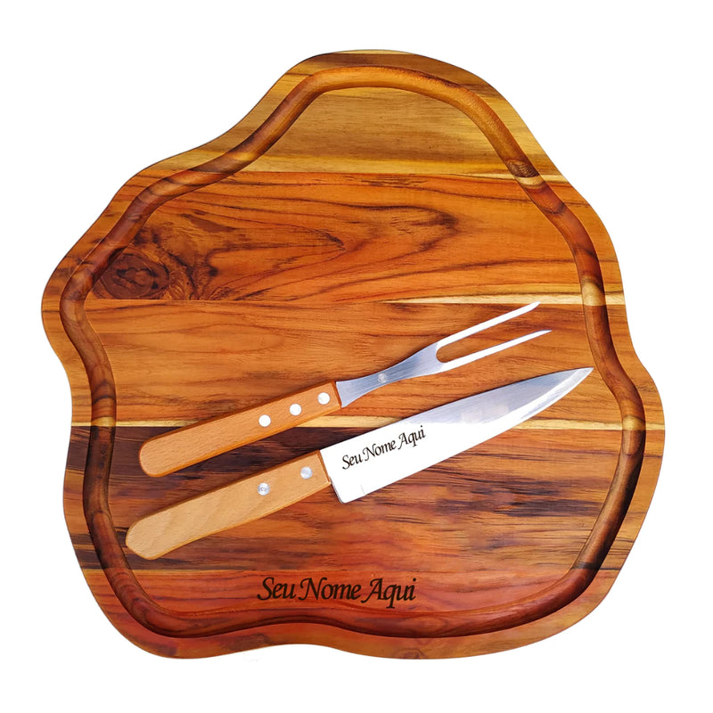 🎁 Kit Churrasco Premium Personalizado | Tábua de Madeira Teca + Faca e Garfo em Inox – Presente Elegante