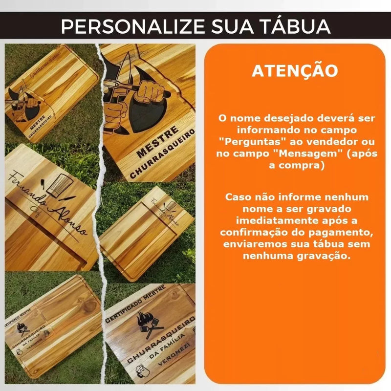 🎁 Kit Churrasco Premium Personalizado | Tábua de Madeira Teca + Faca e Garfo em Inox – Presente Elegante