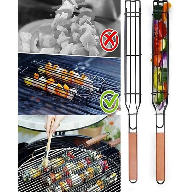 Cesta Grelha para Legumes e Carnes com Cabo de Madeira – Antiaderente e com Trava Fácil 🍆🥩🔥