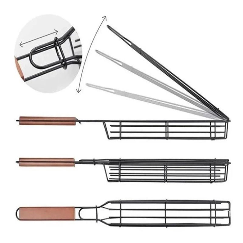 Cesta Grelha para Legumes e Carnes com Cabo de Madeira – Antiaderente e com Trava Fácil 🍆🥩🔥