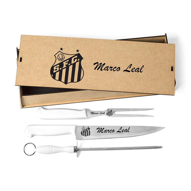 Kit Talher de Churrasco Profissional Personalizado a Laser – 3 Peças com Caixa MDF