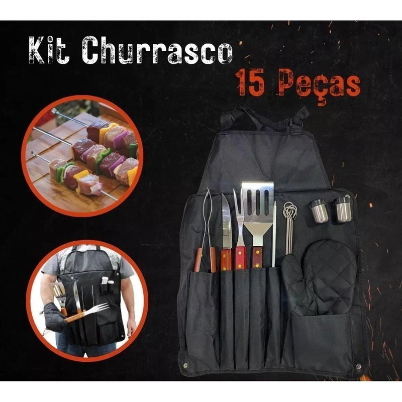 Kit Churrasqueiro Profissional 15 Peças com Avental e Luva Térmica – D.K.L