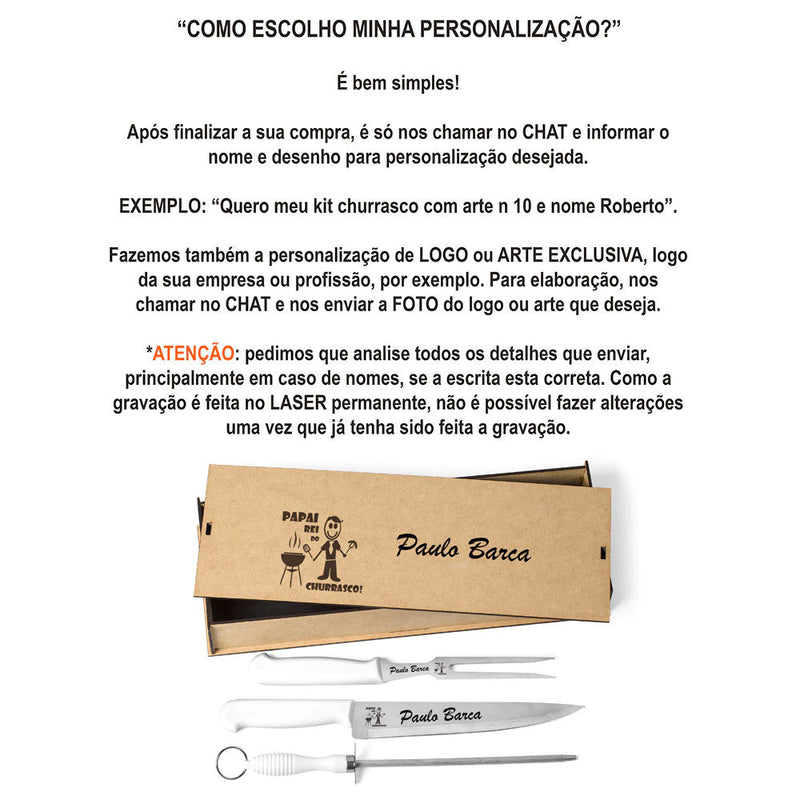 Kit Talher de Churrasco Profissional Personalizado a Laser – 3 Peças com Caixa MDF